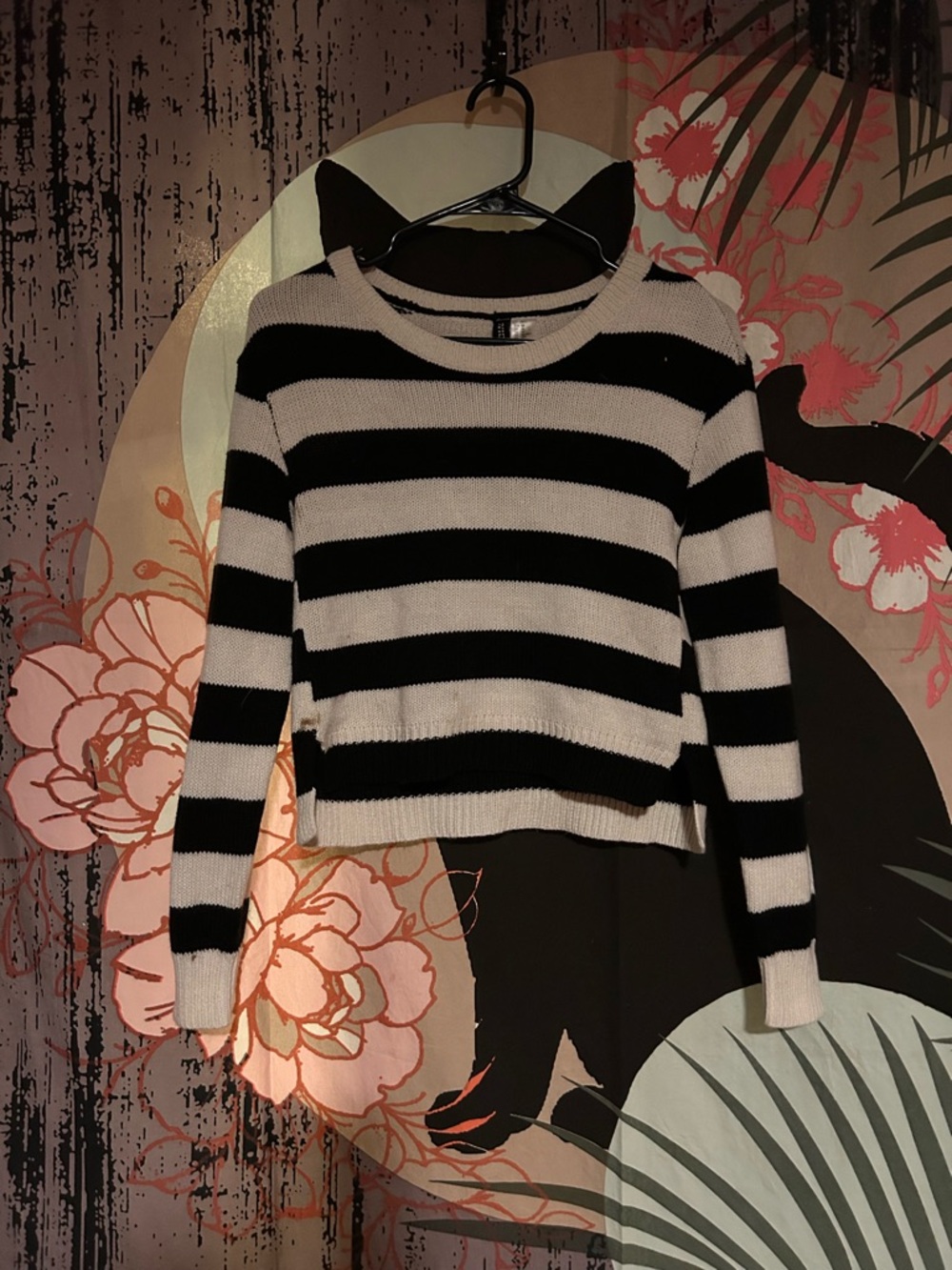 Divided Black and White Striped Crewneck Sweater